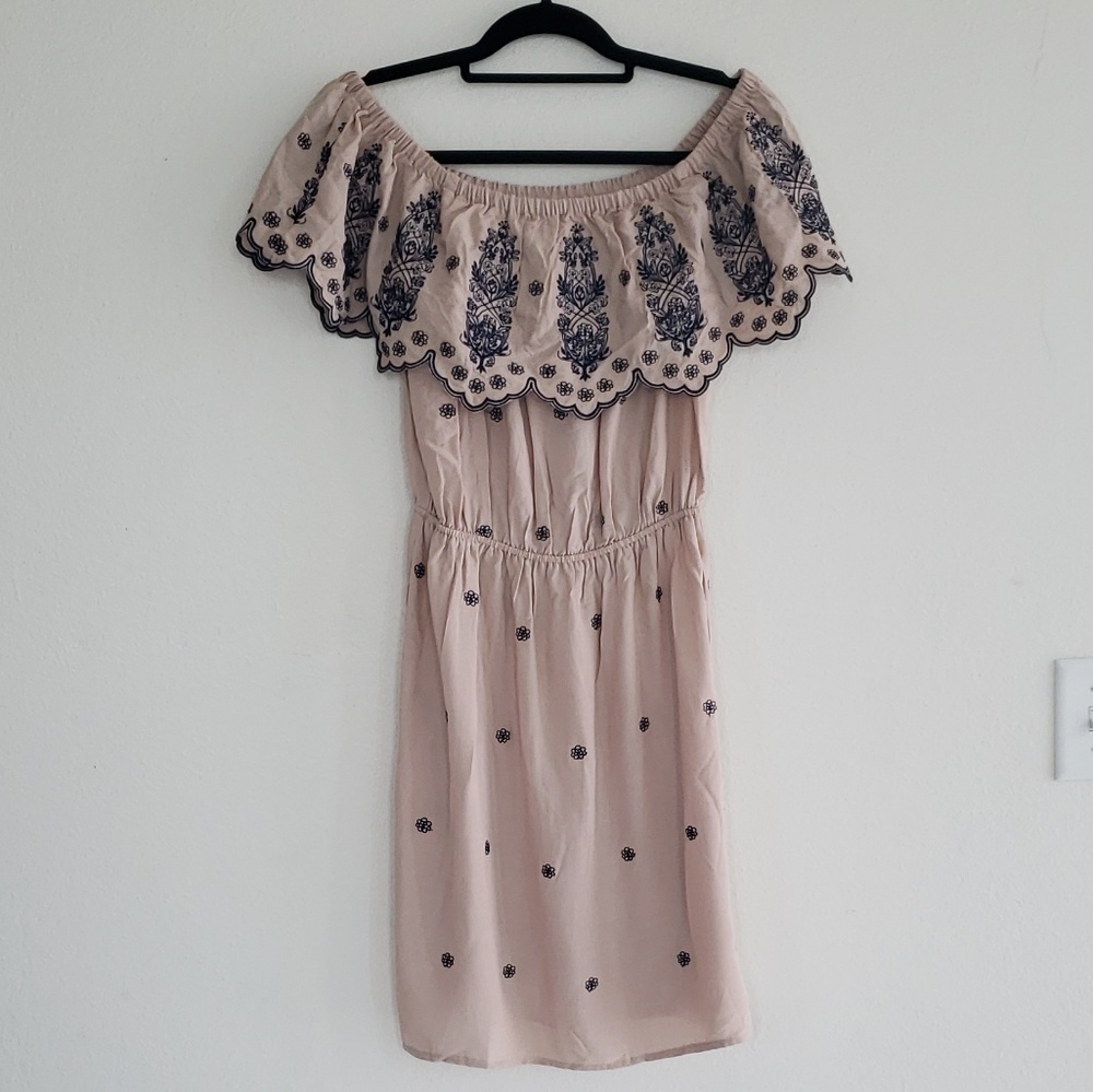 Beige Off Shoulder Dress Embroidery